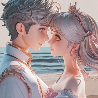 The primary subject of the image is a couple, a man and a woman, standing close to each other and looking into each other's eyes. They are dressed in fancy clothes, with the woman wearing a crown. The setting is a beach, with the ocean visible in the background. The visual style is digital art, and the colors and mood are warm and romantic.